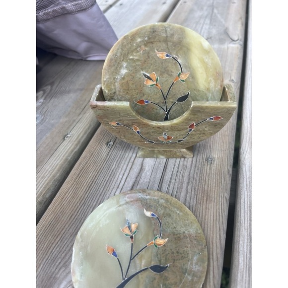 Soap Stone Coaster Set Of 4 With Mother Of Pearl Inlay Of Flowers Mint Condition - Picture 11 of 16